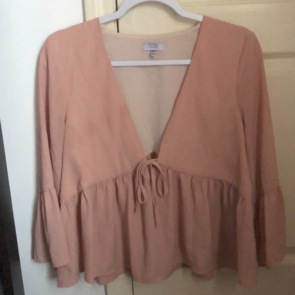 Tobi Pink Low-Cut Peplum Long Sleeve Top #87